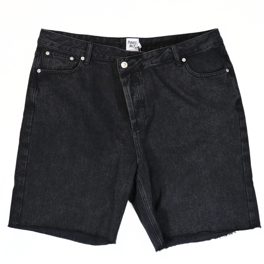 Princess Polly Black Denim Crossover Shorts Womens 12 Asymmetric Raw Hem NWT
